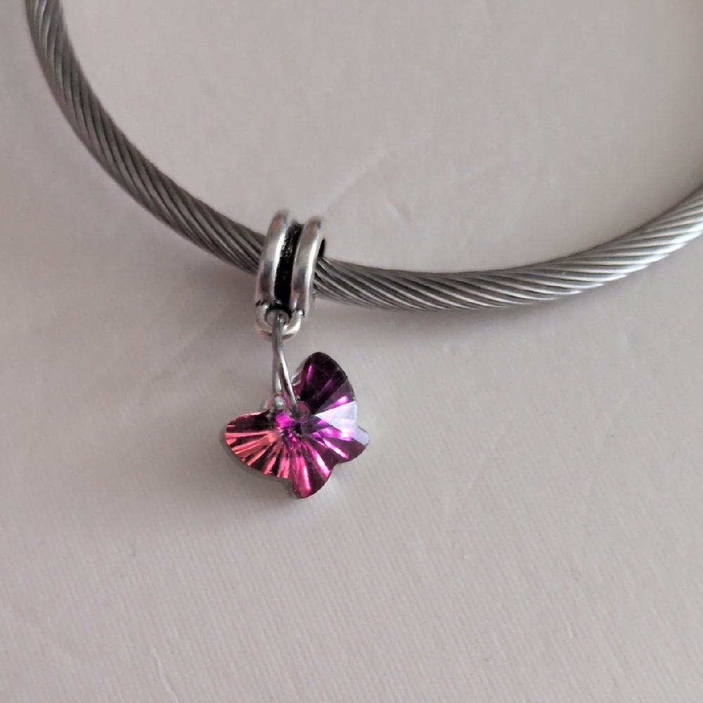 Silver Translucent Pink‎ Iridescent Butterfly Charm For Pandora Style Bracelet